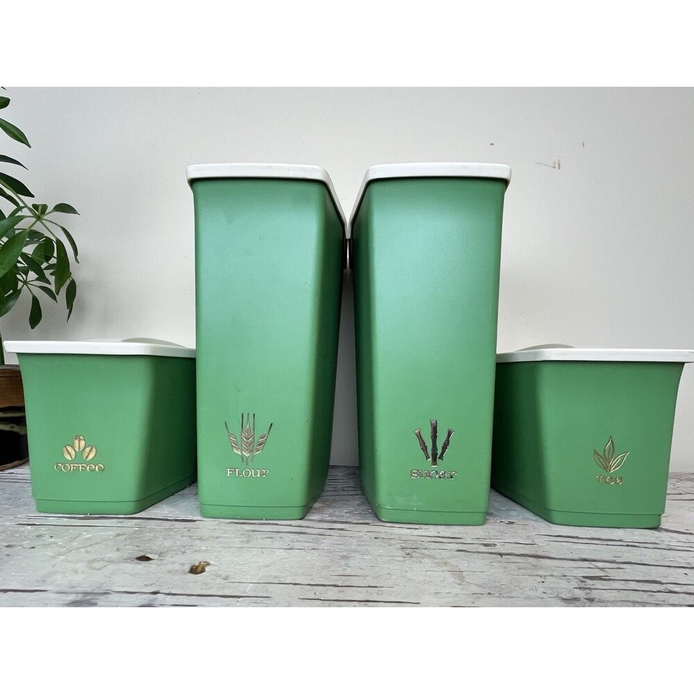 Vintage MCM Green Sugar Flour Coffee Tea Containers By Deka 1960’s Retro Kitchen